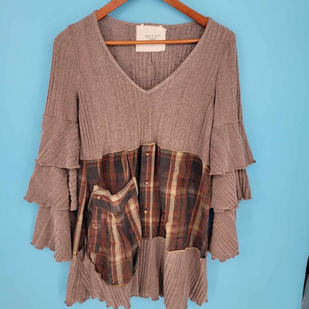 Snazzies by Artwear Mixed Media Plaid Tunic Top Ruffle Tiered Sleeve Boho artsy